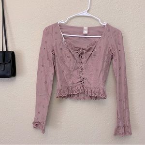 Dusty pink eyelet lace up crop top blouse with side zipper